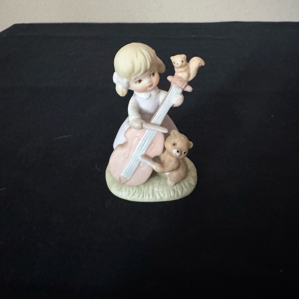 Vintage LEFTON China 03226 Girl with Cello Figurine Squirrel Teddy Bear